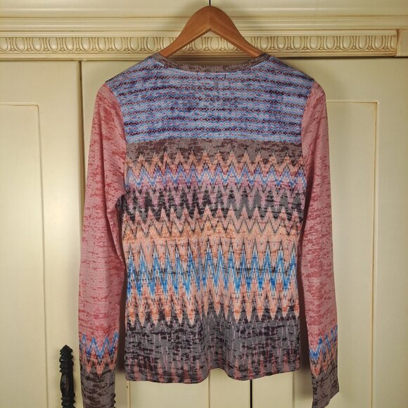 PRANA Mult Color Geometric Print Burnout Long Sleeve Crew Neck Shirt Sz L - Picture 7 of 10
